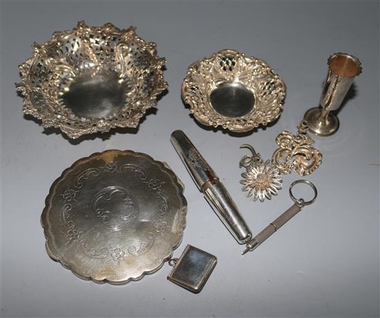 2 x pierced silver bonbon dishes, silver stamp case and 6 other items
